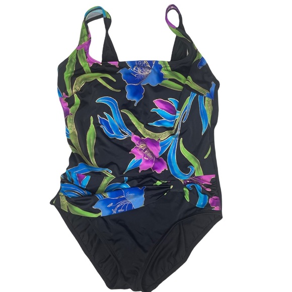 Longitude Black Blue Multicolored Tropical Print One Piece Swimwear Size 12